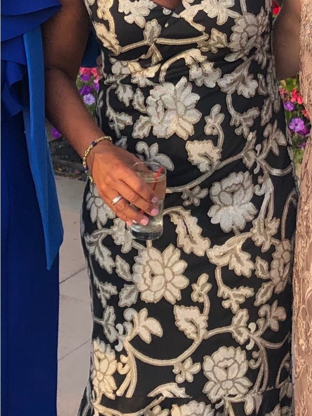 Calvin Klein Black Maxi Dress with Silver Floral Sequin Embroidery